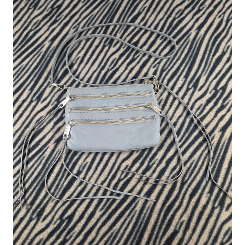 Rebecca Minkoff 5-Zip Crossbody Grey Gen Leather Moto Fringe Bag Gold Hardware